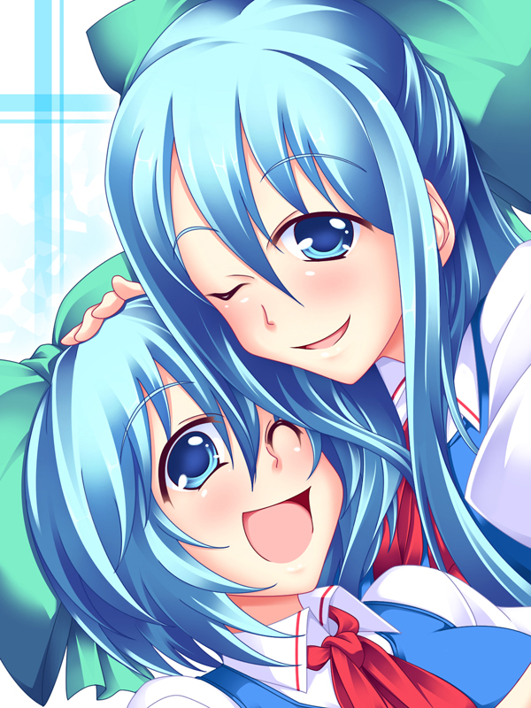 blue_eyes blue_hair blush bow cirno dual_persona hair_bow long_hair lozelia multiple_girls older one_eye_closed open_mouth short_hair smile time_paradox touhou