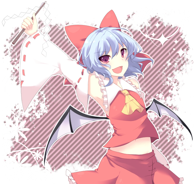 &gt;:) :d arm_up armpits ascot bad_id bad_pixiv_id bat_wings blue_hair bow cosplay detached_sleeves fuyu-nagi gohei hair_bow hakurei_reimu hakurei_reimu_(cosplay) low_wings midriff open_mouth purple_eyes remilia_scarlet smile solo striped striped_background touhou tsurime v-shaped_eyebrows wings