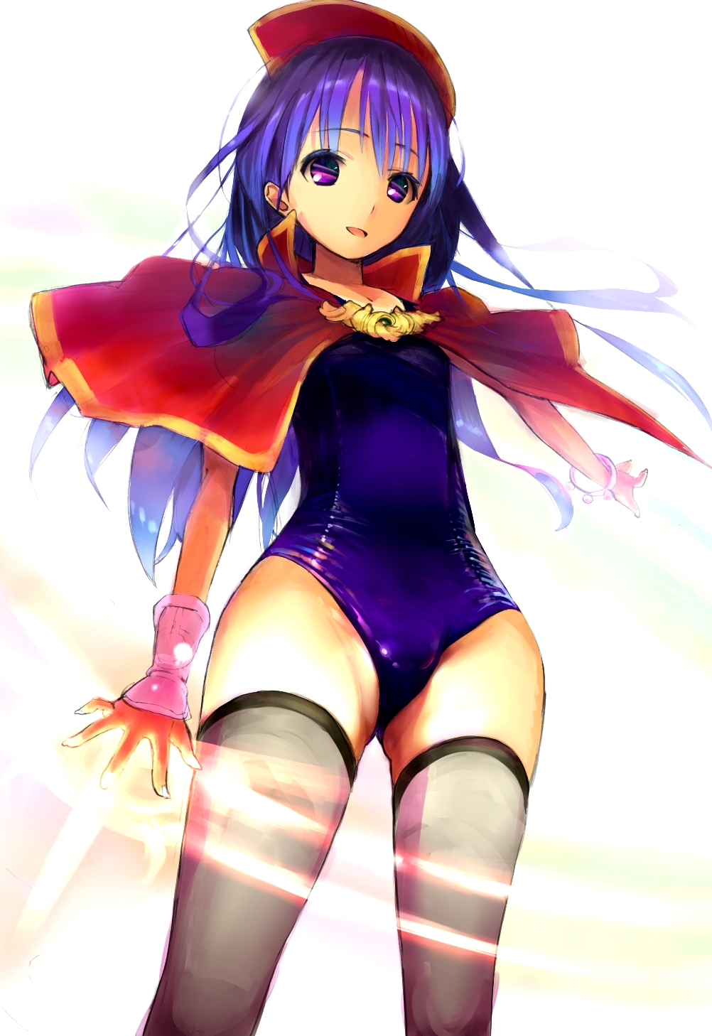 bad_id bad_pixiv_id cape fire_emblem fire_emblem:_fuuin_no_tsurugi hands hat highres lilina long_hair one-piece_swimsuit purple_eyes purple_hair simple_background solo swimsuit thighhighs xyh