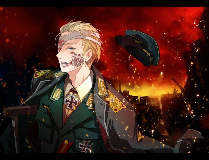 axis_powers_hetalia bandage bandages blue_eyes cap crutch defeat fire germany_(hetalia) hat historical loss patch prussias_jacket ruins sparks uneasiness wounded