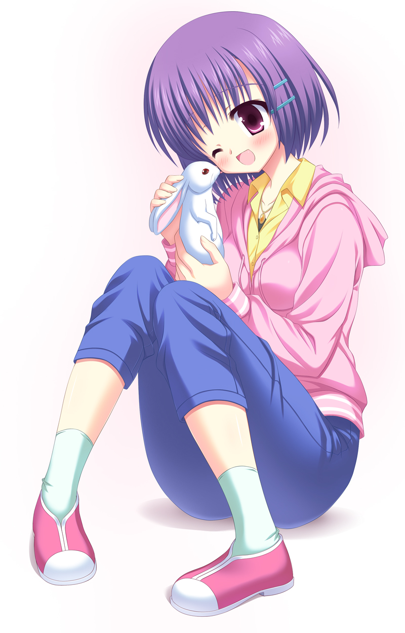 animal blush bunny highres hinata_keiichi mm! one_eye_closed purple_hair short_hair solo yuuno_arashiko