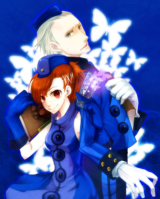 1girl book brown_hair bug butterfly card cosplay elizabeth_(persona) elizabeth_(persona)_(cosplay) female_protagonist_(persona_3) hat holding holding_card insect persona persona_3 persona_3_portable red_eyes short_hair smile sorakara sweatdrop teodor white_hair