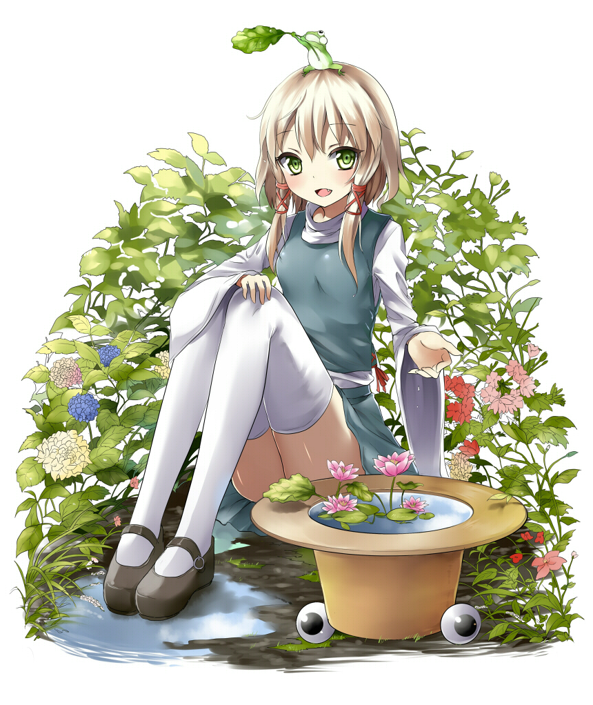 animal bad_id bad_pixiv_id blonde_hair bon bow fang flower frog green_eyes hair_bow hair_ribbon hat hat_basket hat_removed headwear_removed hydrangea leaf legs long_hair looking_at_viewer lotus mary_janes moriya_suwako nature open_mouth puddle ribbon ringed_eyes shoes simple_background sitting smile solo thighhighs touhou tress_ribbon water white_legwear wide_sleeves