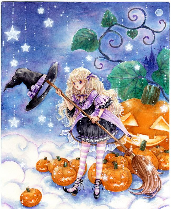 eri_momo halloween jack-o'-lantern original pumpkin solo striped striped_legwear thighhighs