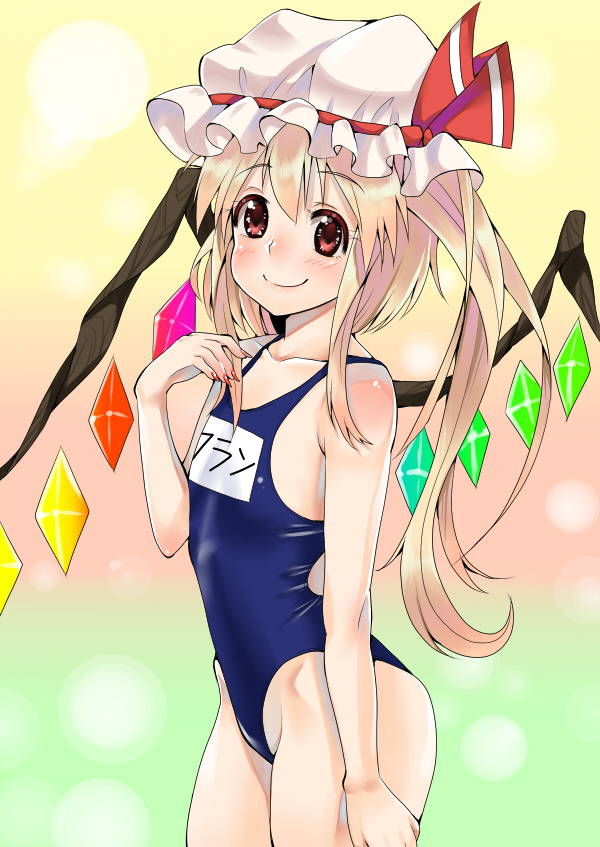 bad_id bad_pixiv_id blonde_hair competition_swimsuit flandre_scarlet hat one-piece_swimsuit ponytail red_eyes school_swimsuit shie_(m417) short_hair side_ponytail smile solo swimsuit touhou wings