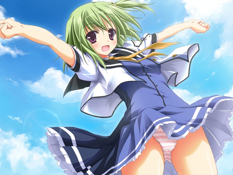 1girl baldr_sky blush game_cg green_hair kikuchi_seiji outdoors panties skirt sky solo underwear