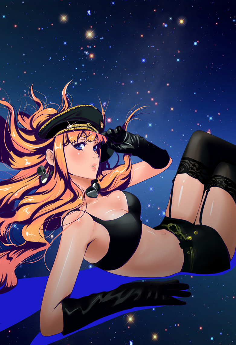 bad_id bad_pixiv_id blonde_hair blue_eyes elbow_gloves garter_straps gloves hand_on_headwear hat lace lace-trimmed_thighhighs long_hair macross macross_frontier midriff misu_kasumi peaked_cap sheryl_nome skirt sky solo sports_bra star_(sky) starry_sky thighhighs