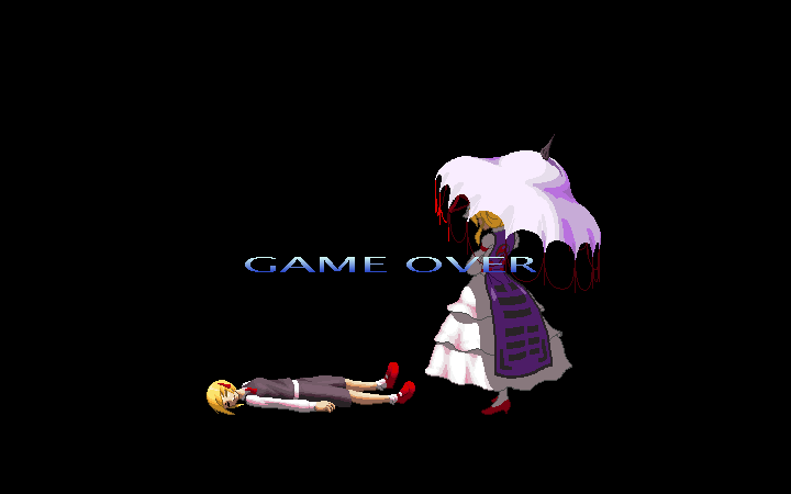 black_background corpse daime_fusonzai death dress full_body impossible_clothes lying multiple_girls on_back pixel_art purple_dress rumia standing tabard touhou yakumo_yukari