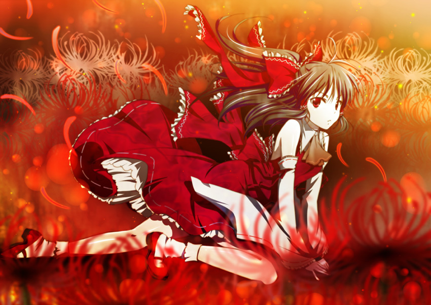 all_fours bad_id bad_pixiv_id bare_shoulders blurry bow brown_hair depth_of_field detached_sleeves floating_hair flower hair_bow hakurei_reimu mary_janes mikami_mika petals red_eyes shoes solo spider_lily touhou