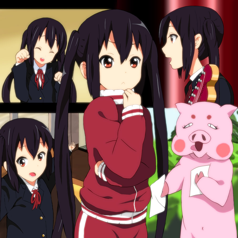 :&lt; animal_costume black_hair brown_eyes guitar instrument k-on! kaiman long_hair nakano_azusa neck_ribbon official_style pig red_ribbon ribbon school_uniform track_suit twintails