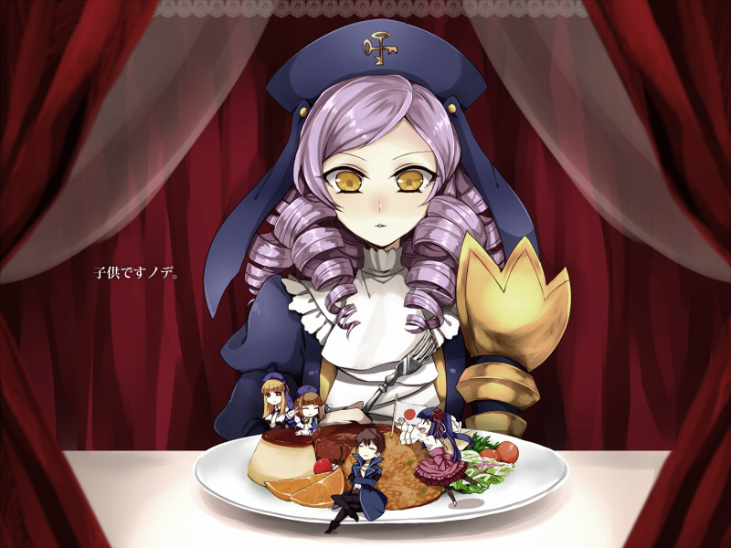 4girls bad_id bad_pixiv_id banned_artist cornelia_(umineko) curtains dlanor_a_knox drill_hair flag food furudo_erika gertrude hat in_food japanese_flag melting_scarlet miniboy minigirl multiple_girls okosama_lunch plate purple_eyes umineko_no_naku_koro_ni willard_h_wright yellow_eyes