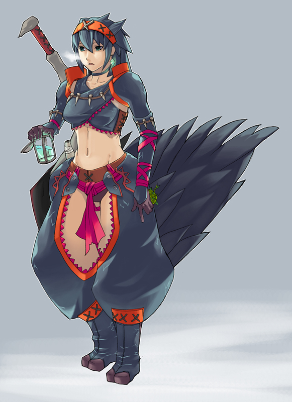 artist_request black_hair breath chaps choker earrings gloves green_eyes hammer jewelry midriff monster_hunter nargacuga_(armor) navel open_mouth potion solo weapon