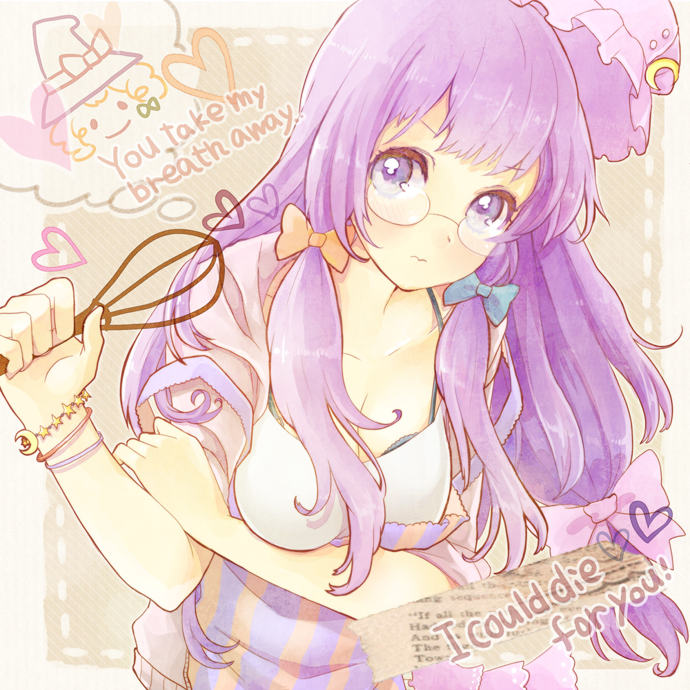adapted_costume amripo apron bespectacled black_bra blush bra contemporary cooking crescent english glasses hat kirisame_marisa lingerie long_hair patchouli_knowledge purple_eyes purple_hair solo touhou underwear