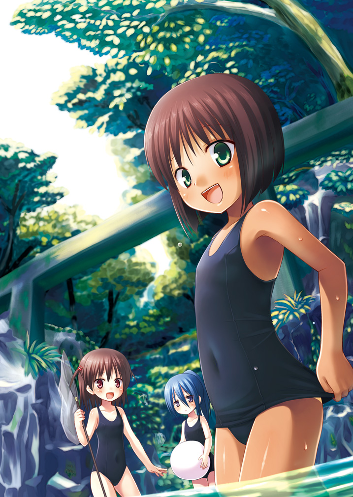 :d adjusting_clothes adjusting_swimsuit ball beachball blue_hair brown_eyes brown_hair butterfly_net covered_navel flat_chest forest green_eyes hand_net long_hair multiple_girls nature one-piece_swimsuit open_mouth original purple_eyes school_swimsuit short_hair side_ponytail smile swimsuit tan wading water wet yukino_minato