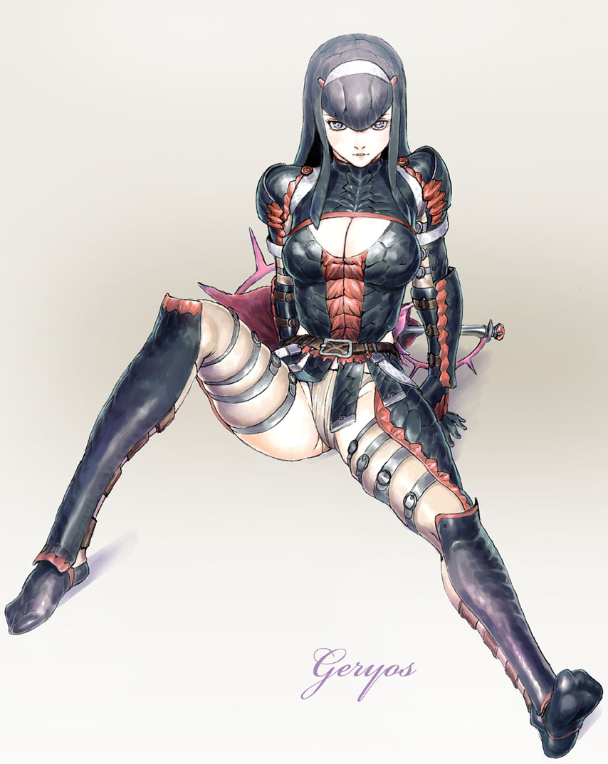 armor belt black_hair breasts cleavage cleavage_cutout elbow_gloves from_above fujiwara_hisashi gloves gypceros_(armor) hairband horns leg_lift long_hair looking_up medium_breasts monster_hunter panties silver_eyes sitting smile solo sword thighhighs underwear weapon