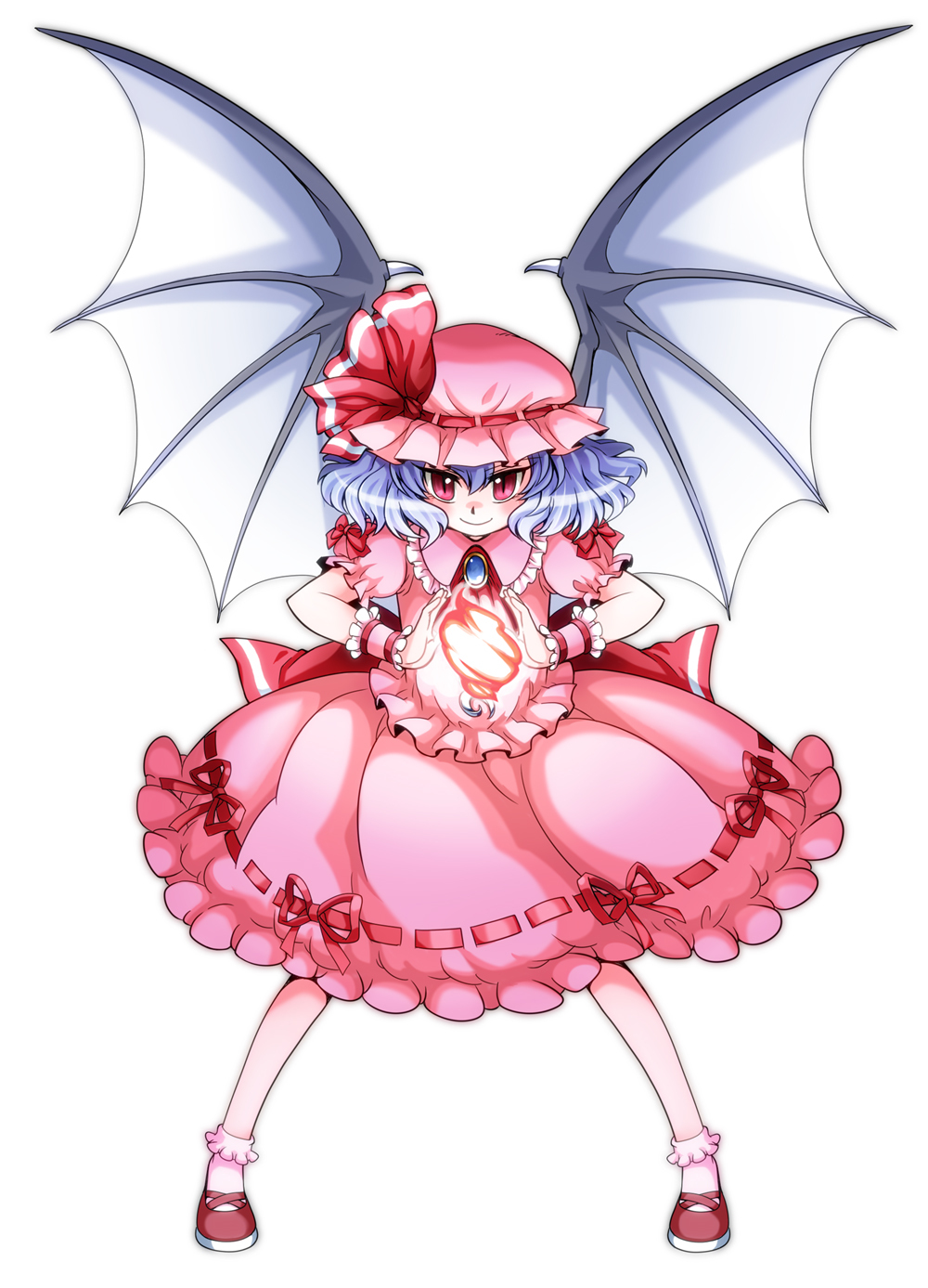 bad_id bad_pixiv_id bat_wings blue_hair bow brooch daishi_takamura dress fire hat hat_ribbon highres jewelry magic red_eyes remilia_scarlet ribbon short_hair simple_background smile solo touhou wings wrist_cuffs