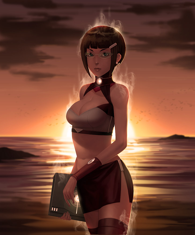 backlighting breasts brown_hair cleavage_cutout copyright_request dcwj glasses green_eyes hair_ornament hairclip halter_top halterneck large_breasts lips miniskirt side_slit skirt solo steam steaming_body thighhighs zettai_ryouiki