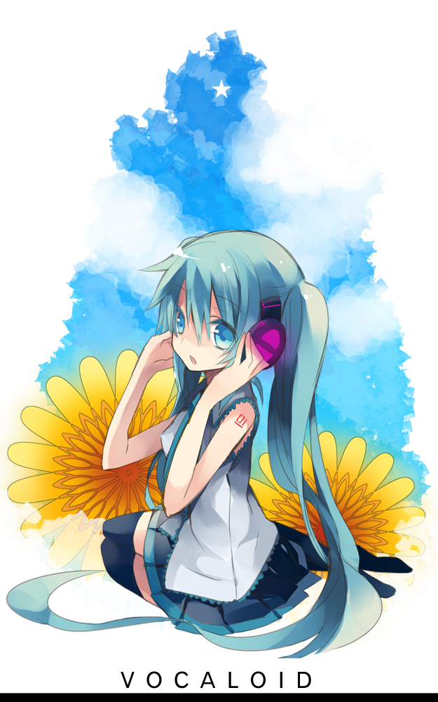 bad_id bad_pixiv_id flower hanepochi hatsune_miku headphones long_hair revision sitting solo very_long_hair vocaloid