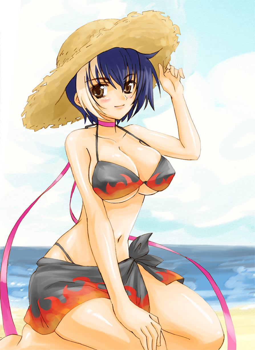 bad_id bad_pixiv_id beach bikini black_bikini black_sarong blue_hair blush breasts brown_eyes choker cleavage cloud day flame_print gien hat highres kneeling koihime_musou large_breasts mali multicolored_hair navel outdoors print_sarong sarong seiza shin_koihime_musou shiny shiny_skin short_hair sitting smile solo straw_hat sun_hat swimsuit two-tone_hair underboob water white_hair