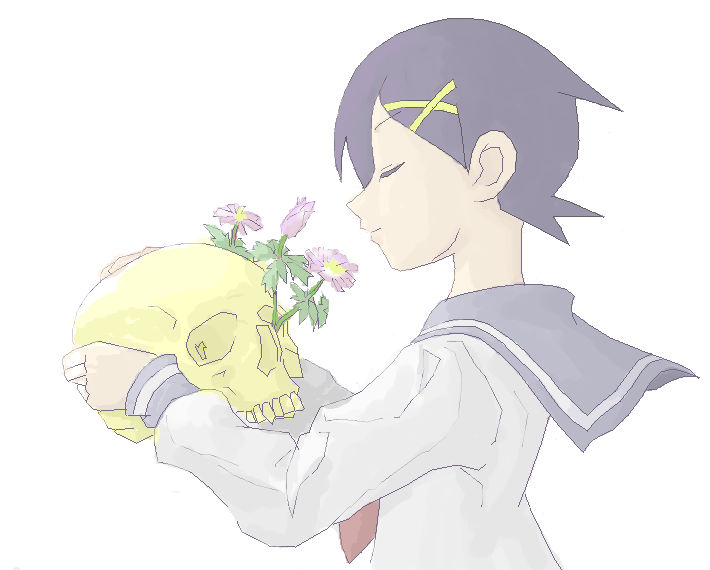 black_hair closed_eyes flower fuura_kafuka hair_ornament hairclip holding sayonara_zetsubou_sensei school_uniform serafuku short_hair simple_background skull solo tsubame11