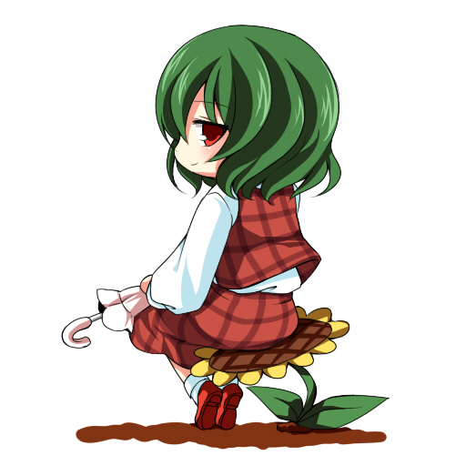 bad_id bad_pixiv_id blush chibi closed_umbrella flower green_hair horon kazami_yuuka looking_back plaid plaid_skirt plaid_vest red_eyes sitting skirt skirt_set smile solo sunflower touhou umbrella vest white_background