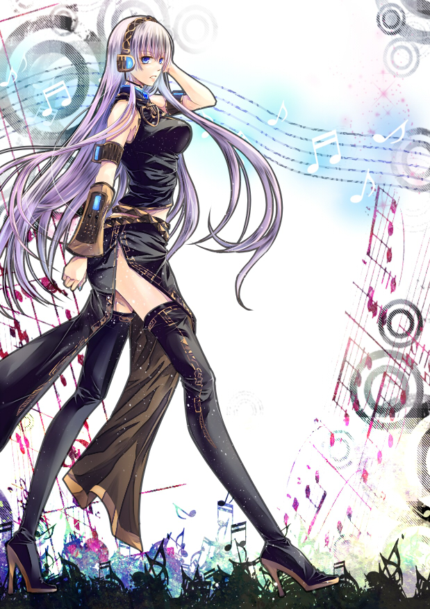 blue_eyes headphones high_heels long_hair megurine_luka pink_hair shizuki_(hakugyokurou) shoes solo thighhighs vocaloid