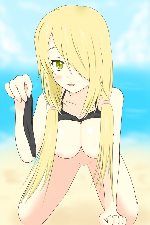 :3 bad_id bad_pixiv_id beach bikini bikini_bottom_removed bikini_lift black_bikini blonde_hair blush bottomless breasts day hair_over_one_breast hair_over_one_eye holding holding_bikini_bottom holding_clothes large_breasts long_hair nipples open_mouth outdoors pokemon pokemon_(game) pokemon_dppt sand shirona_(pokemon) solo swimsuit twintails water yuzuha_(hm-a06)