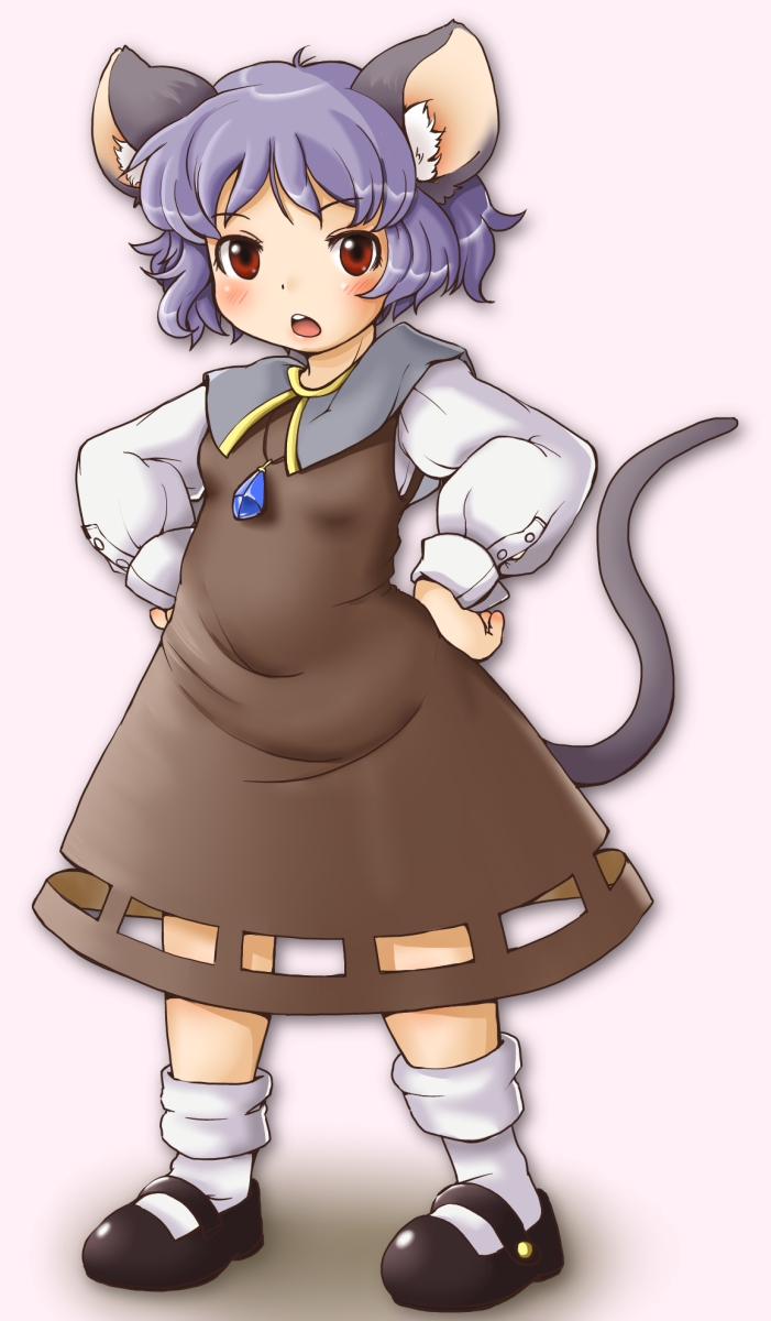 animal_ears capelet grey_hair hands_on_hips highres jewelry mary_janes mouse_ears mouse_tail nazrin pendant red_eyes setouchi_kurage shoes solo tail touhou