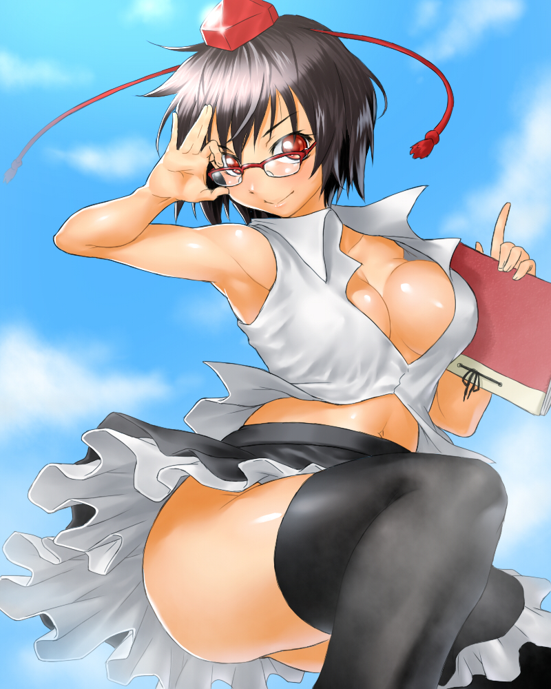 armpits bare_shoulders bespectacled black_hair black_legwear book breasts cleavage glasses hat large_breasts looking_at_viewer midriff navel no_bra no_panties onsoku_maru open_clothes open_shirt petticoat red_eyes shameimaru_aya shirt short_hair skirt smile solo thighhighs thighs tokin_hat toned touhou