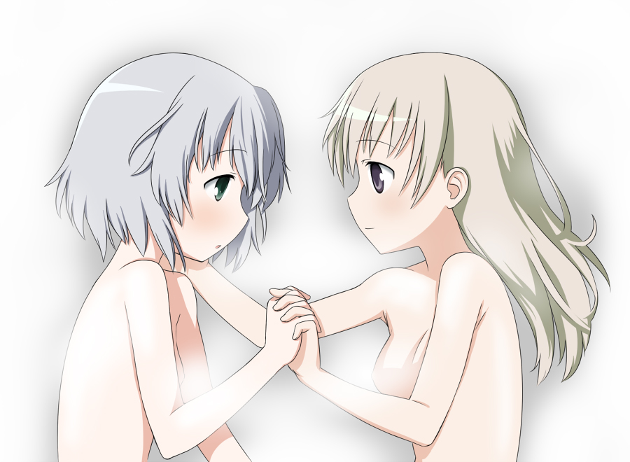 blonde_hair blue_eyes blush breasts censored convenient_censoring couple eila_ilmatar_juutilainen eye_contact green_eyes hand_on_another's_cheek hand_on_another's_face holding_hands kinniku_tarou long_hair looking_at_another multiple_girls nude sanya_v_litvyak short_hair silver_hair small_breasts strike_witches world_witches_series yuri