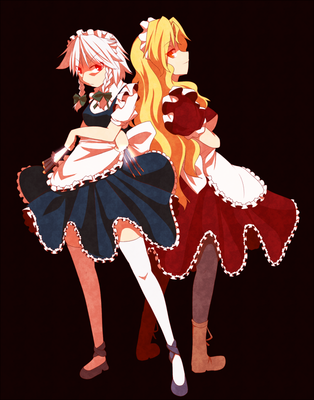 black_legwear blonde_hair braid izayoi_sakuya kuromiya long_hair maid maid_headdress multiple_girls pantyhose red_eyes short_hair silver_hair thighhighs touhou touhou_(pc-98) twin_braids white_legwear yellow_eyes yumeko