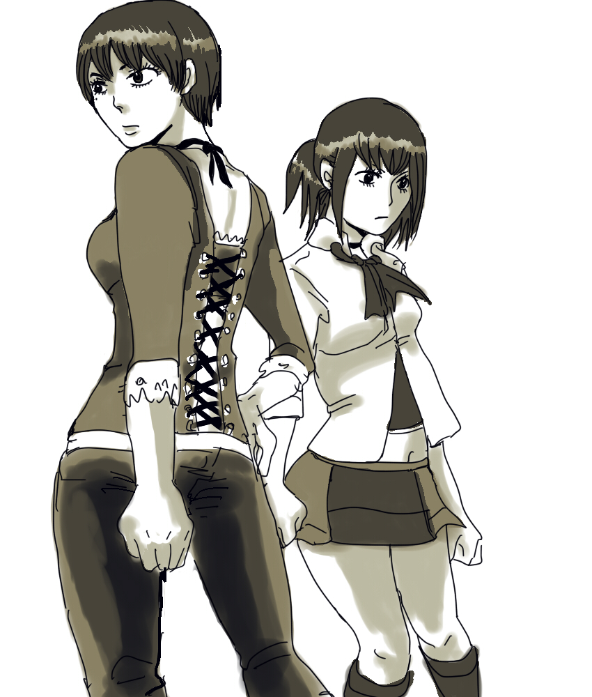 2girls crossover fatal_frame fatal_frame_3 hinasaki_miku kurosawa_rei monochrome multiple_girls school_uniform