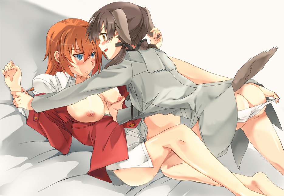 animal_ears ass barefoot blue_eyes blush breast_grab breasts brown_eyes brown_hair charlotte_e_yeager dress_shirt ear_grab gertrud_barkhorn grabbing hareta large_breasts legs military military_uniform multiple_girls nipples panties panty_pull profile shirt strike_witches tail twintails underwear uniform white_panties world_witches_series wrist_grab yuri