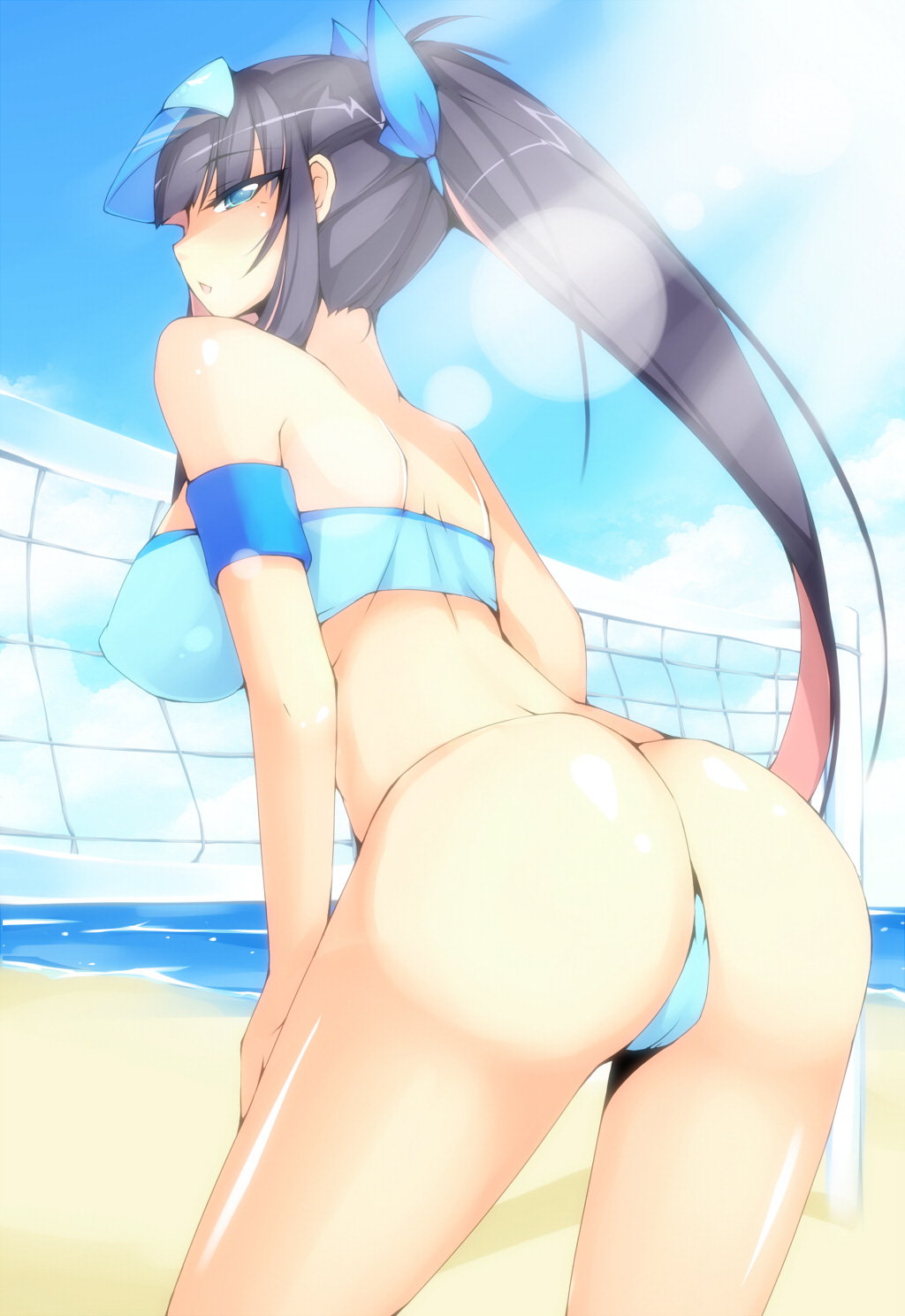 alternate_hairstyle arched_back ass bad_id bad_pixiv_id bandeau beach bikini black_hair blue_eyes bow breasts cloud covered_nipples day dean eyebrows_visible_through_hair hair_bow highres large_breasts lens_flare long_hair looking_back outdoors panty_&amp;_stocking_with_garterbelt ponytail sky solo stocking_(psg) swimsuit thong_bikini visor_cap volleyball_net