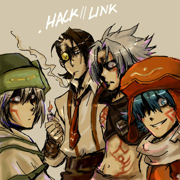 .hack//link 4boys brown_background cigarette copyright_name fluegel_(.hack//) haseo_(.hack//) kite_(.hack//) male_focus multiple_boys tsukasa_(.hack//) y3