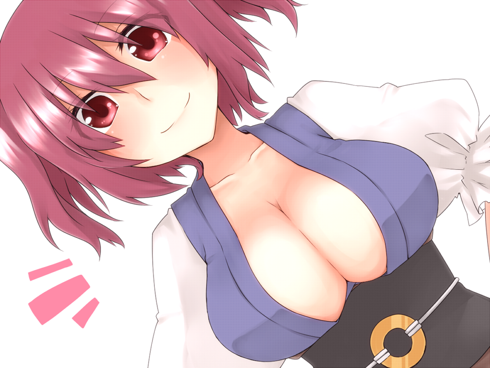 1girl bad_id bad_pixiv_id blush breasts cielo_oceano cleavage coin dutch_angle large_breasts obi onozuka_komachi red_eyes red_hair sash short_hair smile solo touhou two_side_up upper_body