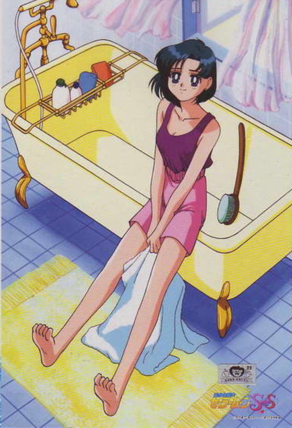 bathroom bathtub bishoujo_senshi_sailor_moon blue_eyes blue_hair feet mizuno_ami shorts smile wet