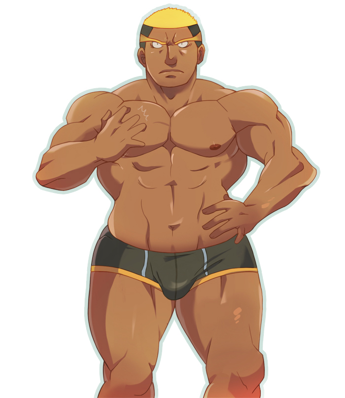 bara black_eyes blonde_hair blush boxer dark_skin elite_four male male_focus muscle pokemon pokemon_(game) pokemon_black_and_white pokemon_bw renbu_(pokemon)