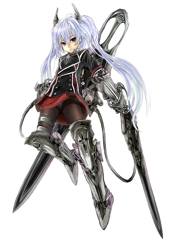 bad_id bad_pixiv_id crotch_seam dual_wielding gauntlets greaves hair_ornament holding ishinomaki military military_uniform original panties panties_under_pantyhose pantyhose recel_tinker red_eyes skirt solo striped striped_panties sword thigh_strap twintails underwear uniform weapon white_hair