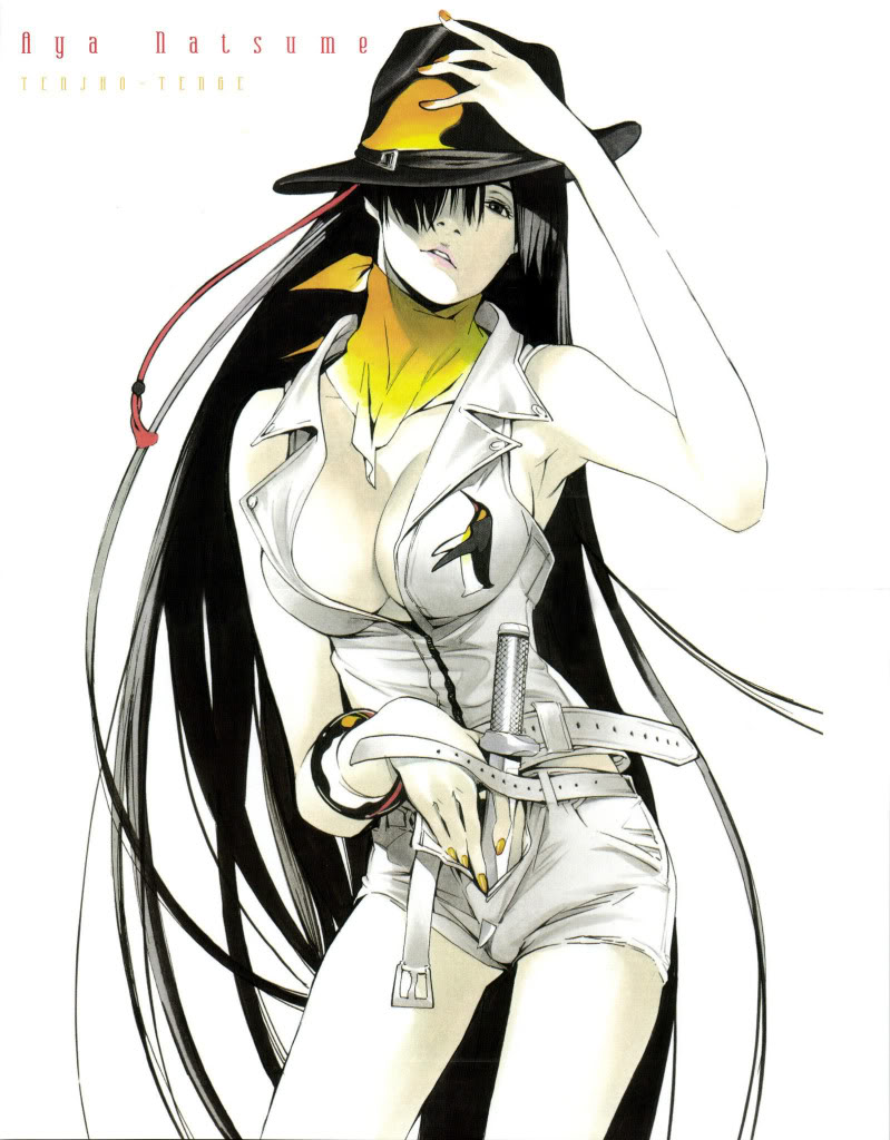 1girl armpits bare_shoulders belt black_hair bracelet breasts character_name cleavage hair_over_one_eye hat ito_ogure jewelry knife large_breasts legs long_hair looking_at_viewer nail_polish natsume_aya official_art oh!_great oogure_ito scarf sexy shorts simple_background solo standing tenjou_tenge thighs very_long_hair white_background