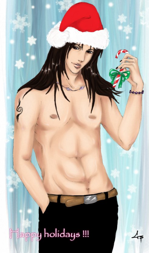black_hair bracelet candy_cane hat jewelry long_hair male muscle nail_polish naruto necklace santa_hat solo topless uchiha_itachi