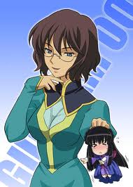 2girls aqua_eyes black_hair blue_eyes blush breasts brown_hair chibi double_bun dress eyes_closed glasses gundam gundam_00 hand_on_chin holding laugh long_hair long_sleeves marina_ismail nervous princess shaking shirin_bakhtiar short_hair sweat