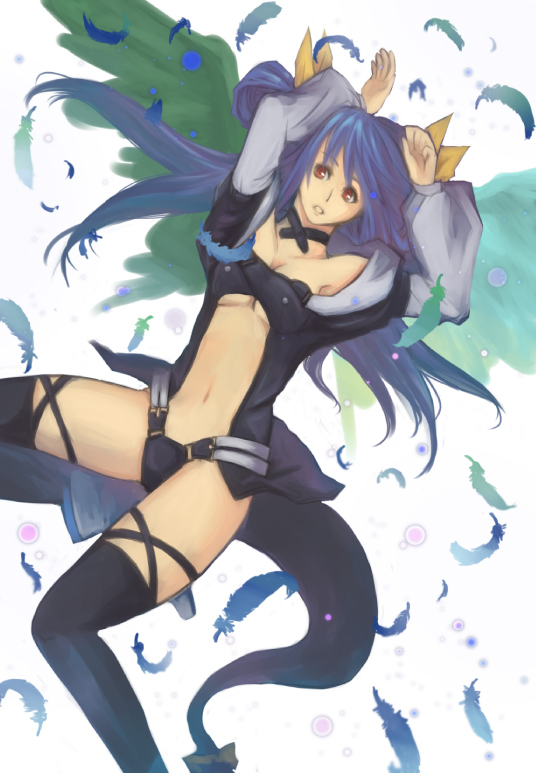 asymmetrical_wings bad_id bad_pixiv_id blue_hair bow breasts choker dizzy feathers guilty_gear hair_bow long_hair medium_breasts midriff navel red_eyes ribbon solo tail tail_ribbon tara_(677965) thighhighs twintails underboob wings