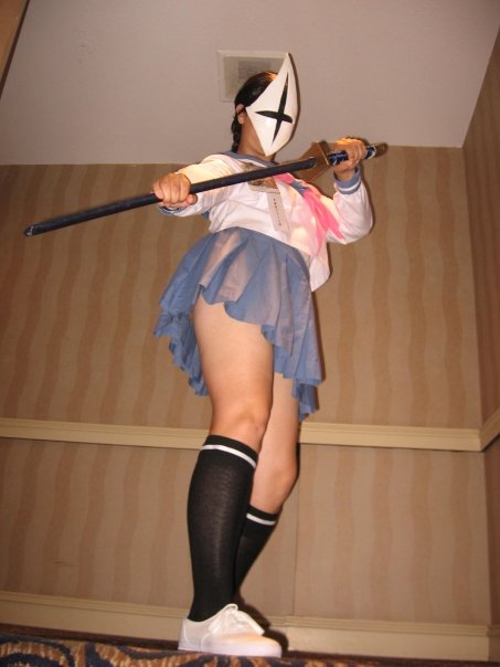 bleach cosplay mask miniskirt photo school_uniform skirt socks sword weapon yadoumaru_lisa yadoumaru_lisa_(cosplay)