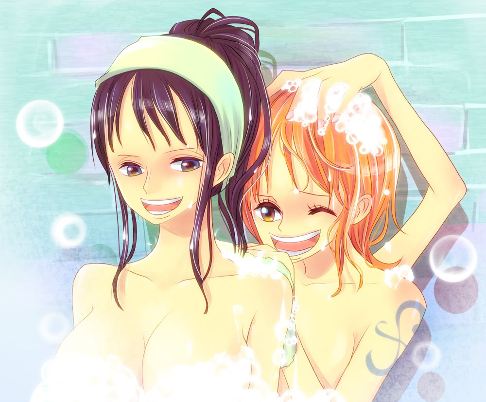 2girls bath blue_eyes breasts bubble censored convenient_censoring hand_on_head happy large_breasts long_hair looking_back multiple_girls nail_polish nami nami_(one_piece) nico_robin nude one_piece open_mouth orange_hair purple_hair short_hair smile steam sweat tattoo washing wink yellow_eyes