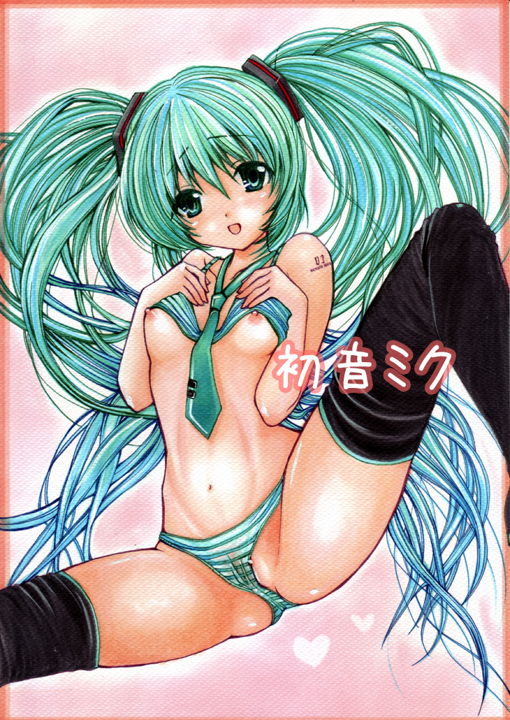 aqua_eyes aqua_hair bad_id bad_pixiv_id bra bra_pull breast_suppress breasts dannashitoyome hatsune_miku lingerie long_hair medium_breasts necktie nipples open_mouth panties solo spread_legs striped striped_bra striped_panties thighhighs traditional_media twintails underwear underwear_only very_long_hair vocaloid