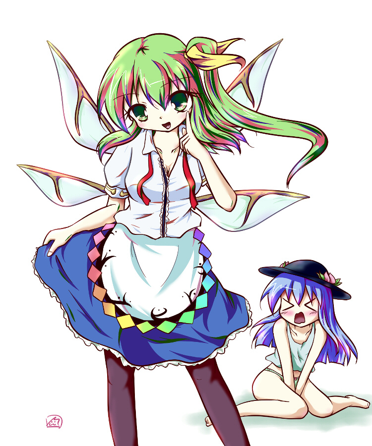 &gt;_&lt; blue_hair blush bow bow_panties breasts camisole closed_eyes clothes_theft cosplay daiyousei embarrassed food fruit green_eyes green_hair green_panties hair_bow hat hinanawi_tenshi hinanawi_tenshi_(cosplay) long_hair medium_breasts merri multicolored_hair multiple_girls panties pantyhose peach side_ponytail sitting skirt tank_top theft touhou underwear underwear_only v_arms wings