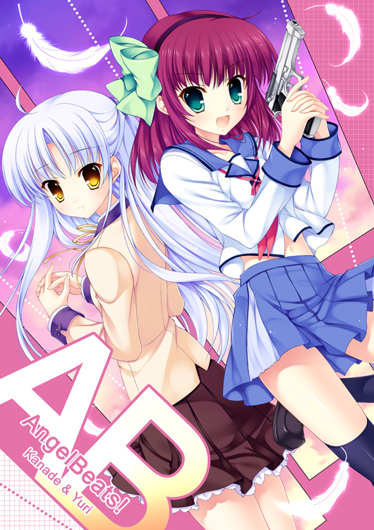 angel_beats! blazer bow feathers green_eyes gun hair_bow hairband hands_clasped jacket looking_back mitha multiple_girls own_hands_together school_uniform serafuku skirt tenshi_(angel_beats!) thighhighs weapon yellow_eyes yuri_(angel_beats!)