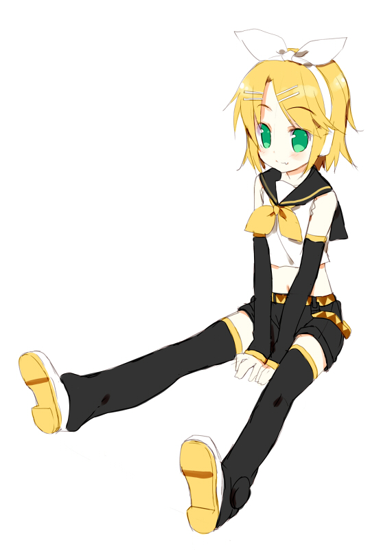 blush bow detached_sleeves full_body hair_bow kagamine_rin meito_(maze) sitting solo thighhighs vocaloid