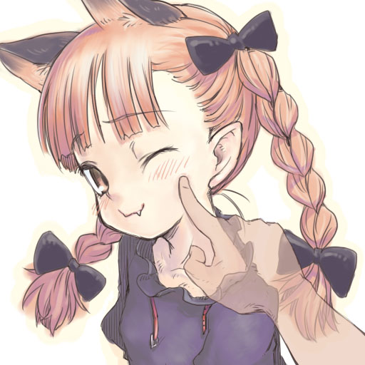 animal_ears braid cat_ears cheek_poking commentary_request extra_ears fang hair_ribbon hands kaenbyou_rin nametake one_eye_closed poking pov red_eyes red_hair ribbon solo_focus touhou transparent twin_braids twintails